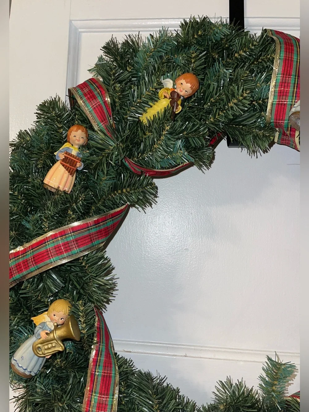 Festive Green Christmas 24 Inch Wreath with Red Plaid Ribbon and Angel Ornaments